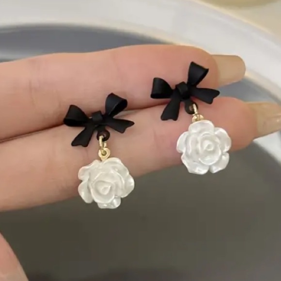 Jewelry - White Rose with Black Bow Stud Earrings